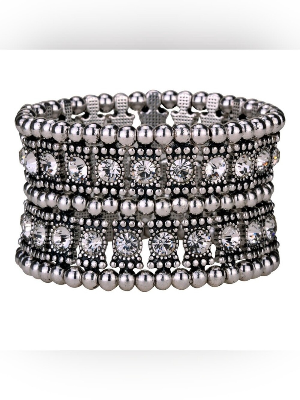 Vintage-Inspired Crystal Stretch Bracelet with Silver Bead Detailing